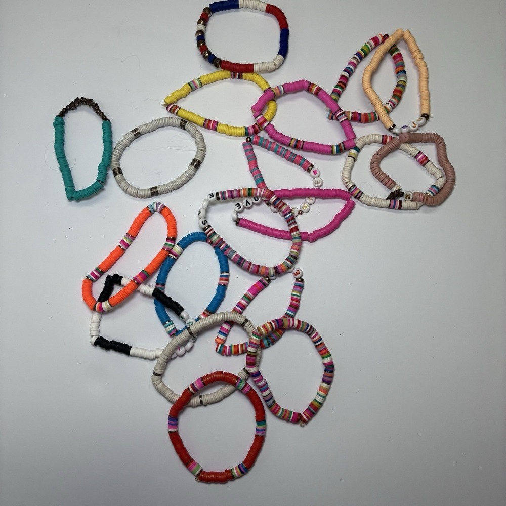 15+ Colorful Polymer Clay Heishi Bead Stretch Bracelet Set Letter Beads Handmade